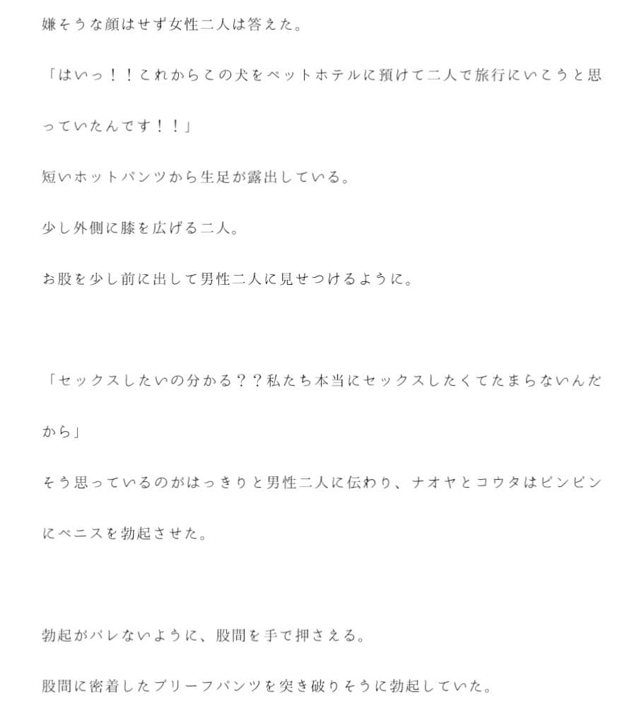 散歩中に知り合った犬連れの女性二人とエロエロ男二人組がその日中にホテルでセックス サンプル 2