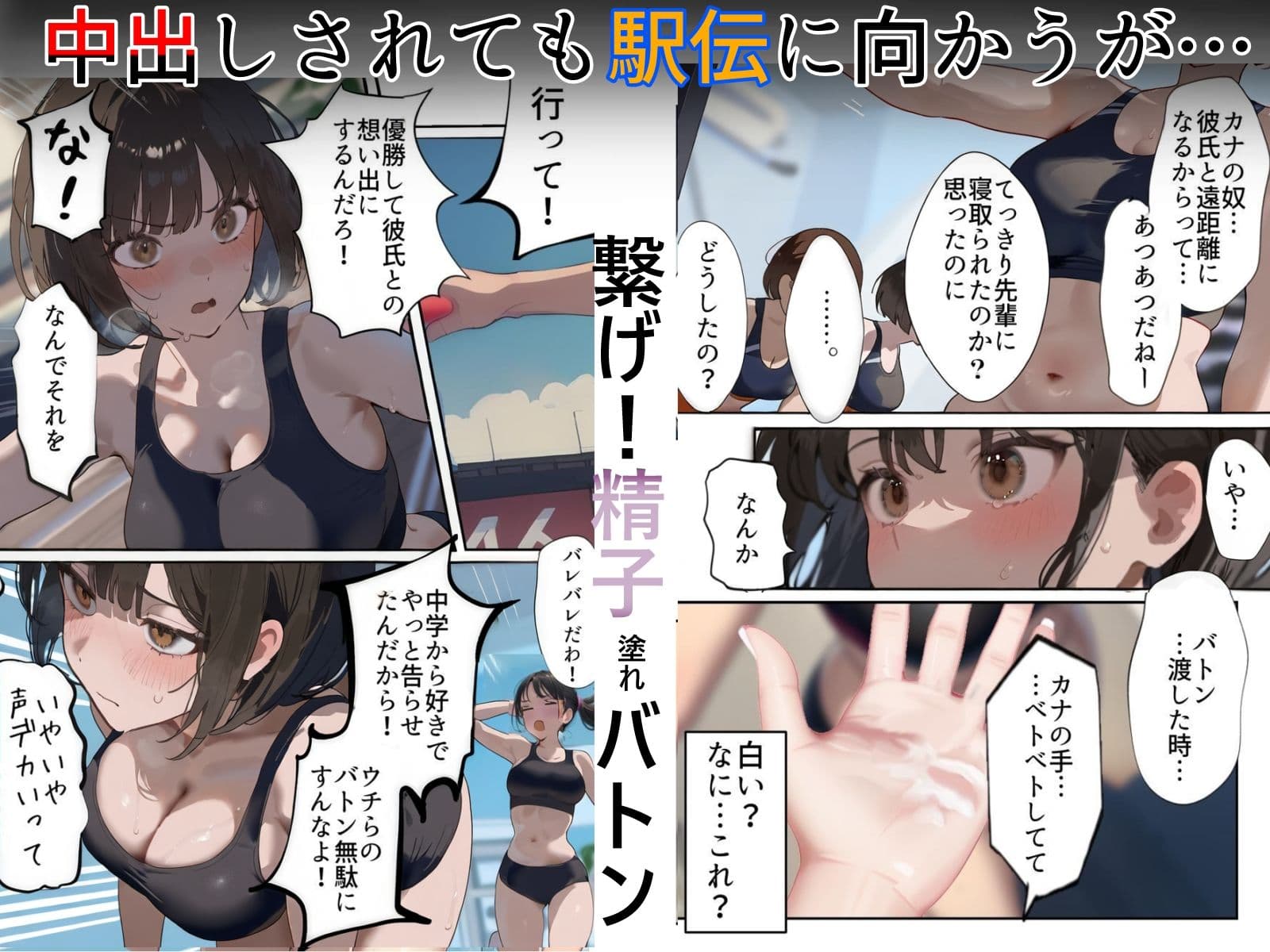 開催！寝取られ駅伝〜陸上女子は大会中に先輩OB達に中出し孕ませられても繋げ！精子塗れのバトンで優勝狙う！大学で遠距離になる前最後の幼馴染彼氏との初セックスは延期で色黒チャラ男OBに寝取られる話 サンプル 7