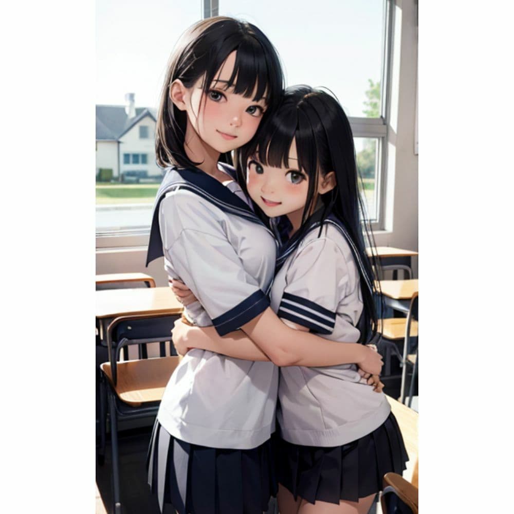 かわいい女の子が教室で抱き合っている サンプル 1
