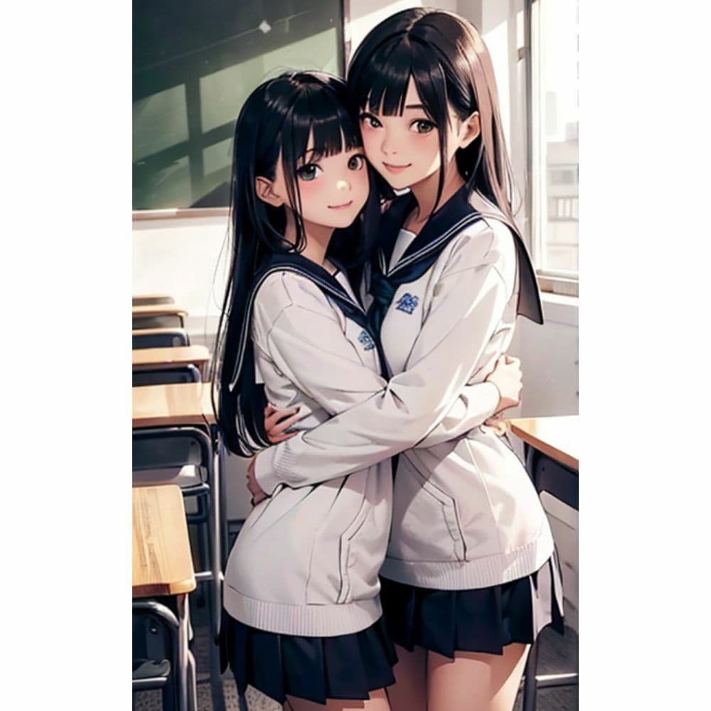 かわいい女の子が教室で抱き合っている サンプル 2
