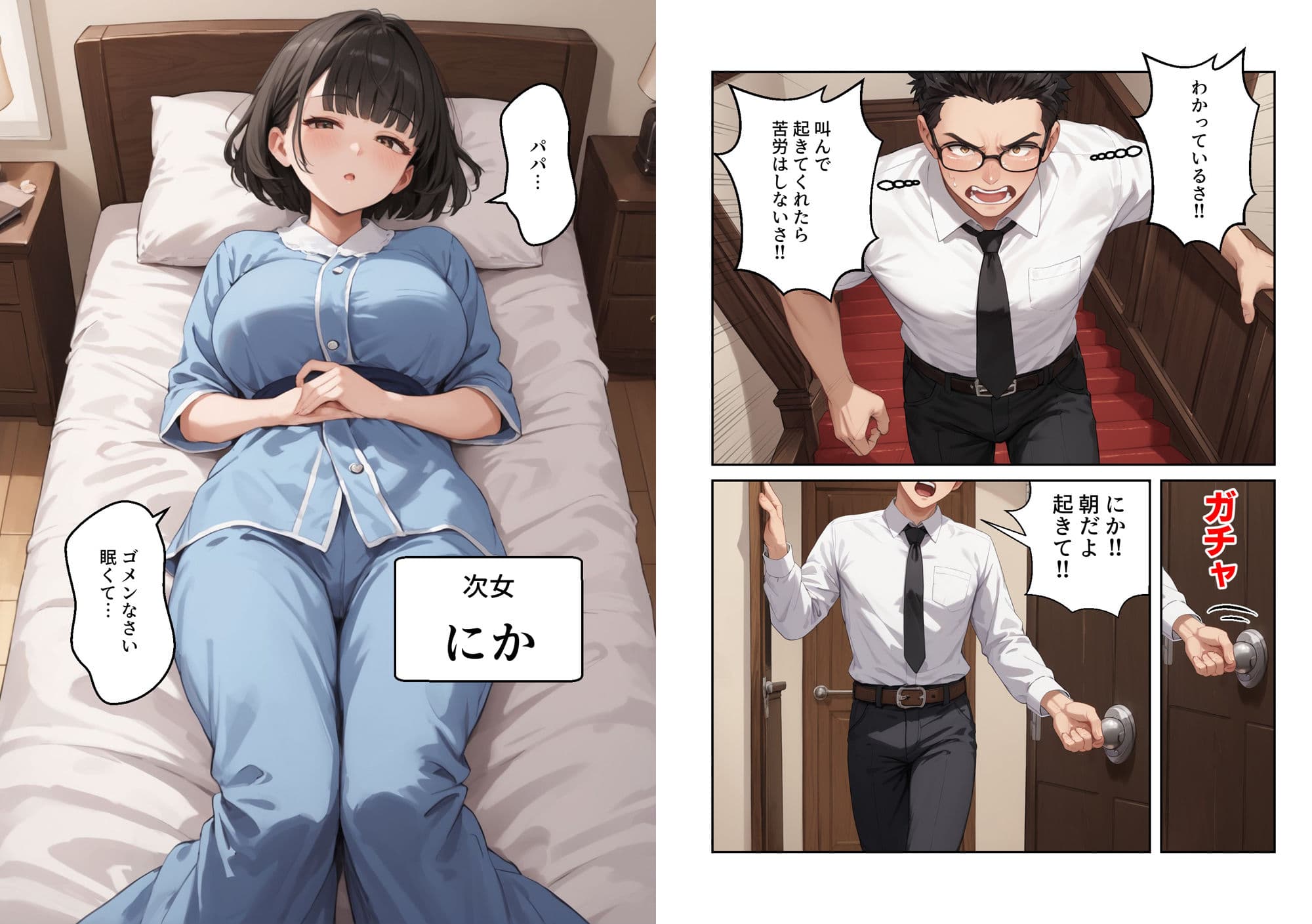 シングルファザーの3姉妹目覚ましチンポ挿入【マンガ】 サンプル 3