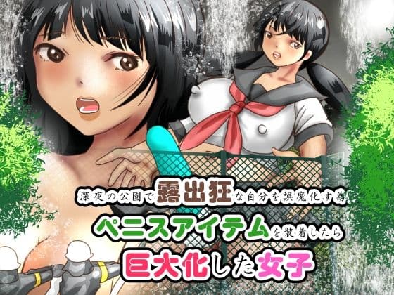 深夜の公園で露出狂な自分を誤魔化す為にペニスアイテムを装着したら巨大化した女子