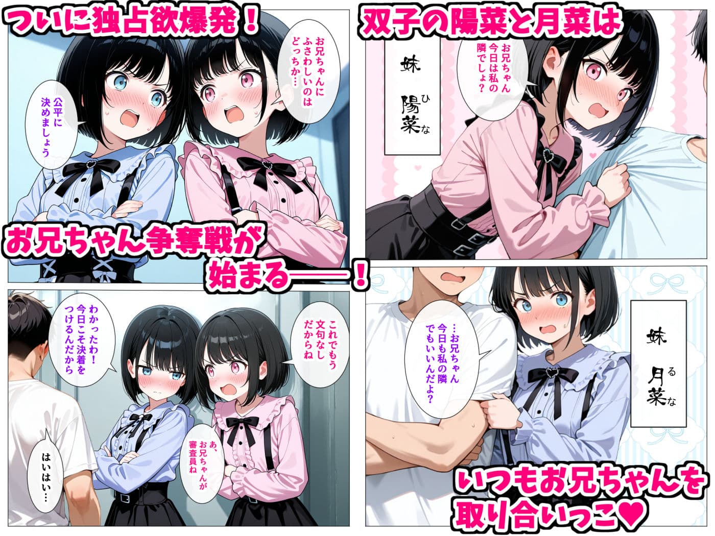 双子妹が対決!?お兄ちゃん争奪連続中出しセックス大会開催 サンプル 1