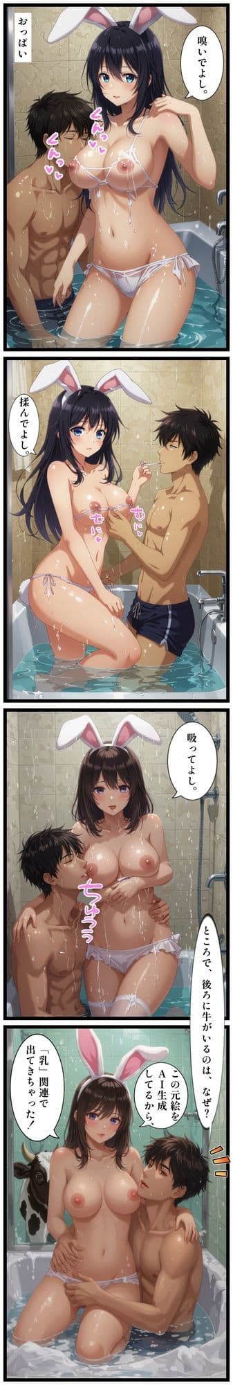 【漫画10ページ】ソープランドで働くバニーガール！バニーガールさんたちが、おっぱい、お尻、太もも、脚、お口で、お客様たちをキレイにします！AIイラストを生成後に、イラストに手を加えて、テキストを追加しました！ サンプル 5