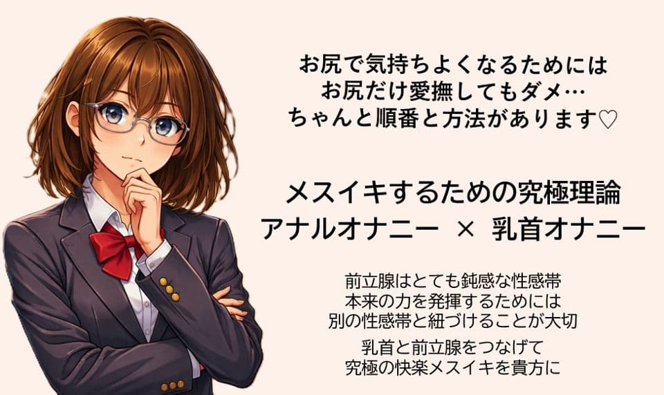 メスイキ達成のための 究極の方程式で絶頂を導く アナルオナニー×乳首オナニー   前立腺はとても鈍感な性感帯 本来の力を発揮するためには 別の性感帯を紐づけることが大切 乳首と前立腺をつなげて究極の快楽メスイキを貴方に サンプル 1