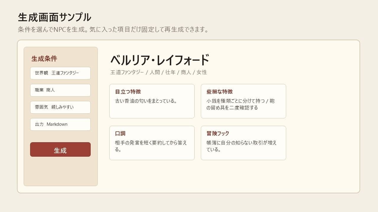 幻想NPC工房 Pro ファンタジーTRPG用NPCランダム生成ツール サンプル 1